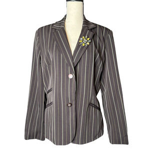 Bob Mackie Womens Jacket Size 14 in Brown w/Green Stripe and Matching Floral Pin